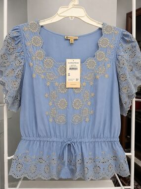 Democracy Sky Blue Eyelet Embroidered Peasant Top